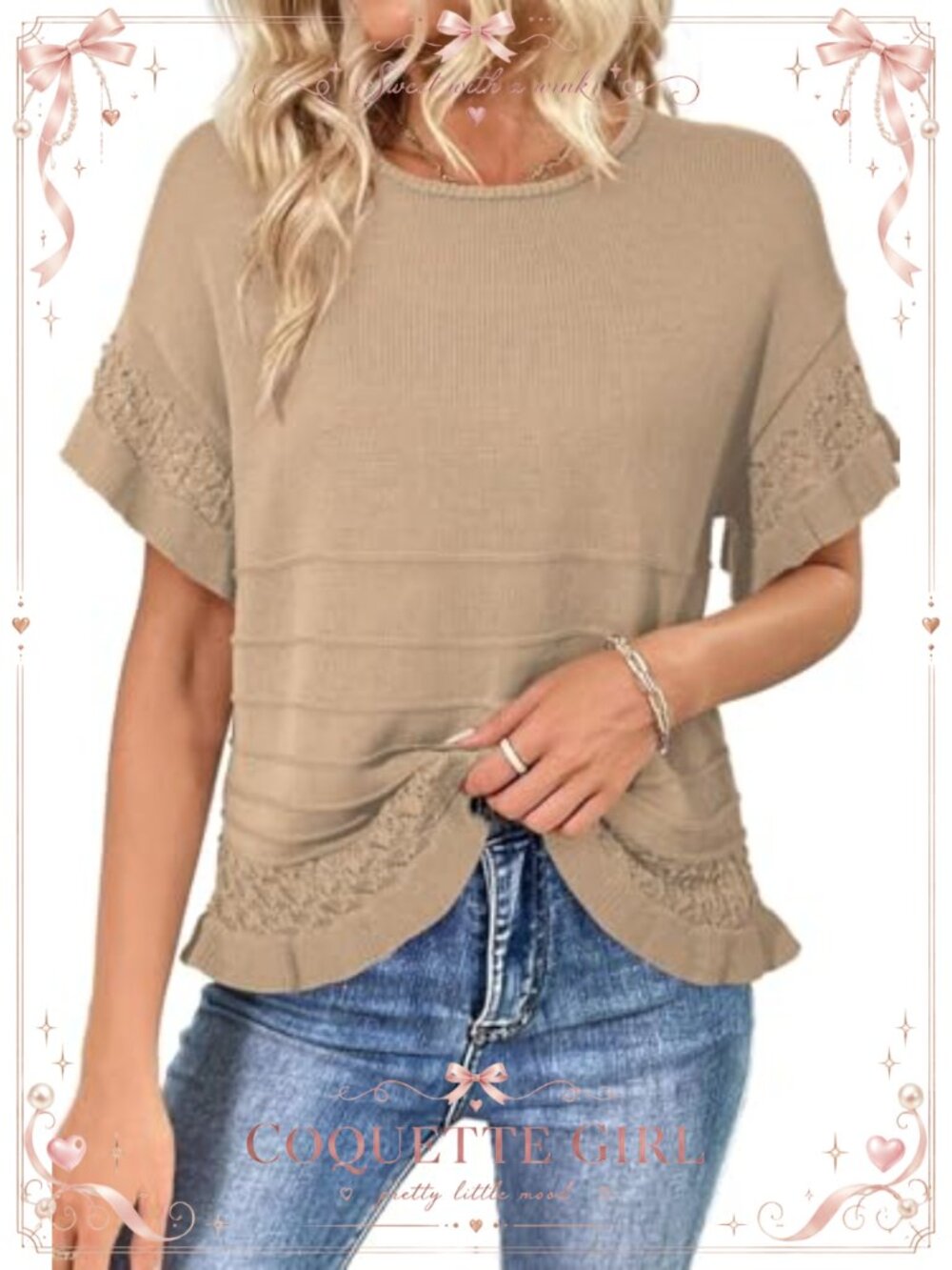 Womens Short Sleeve Knit Pullover Sweater Ruffled Hem Crochet Casual Summer Top